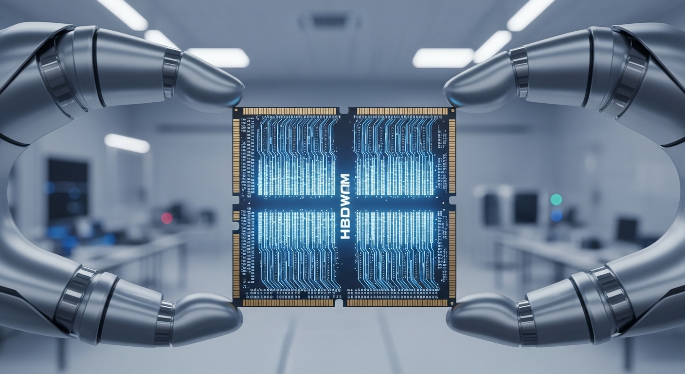AI의 핵심인 고대역폭 메모리(HBM) 칩이 파란 빛을 내며 정교하게 디자인된 모습.