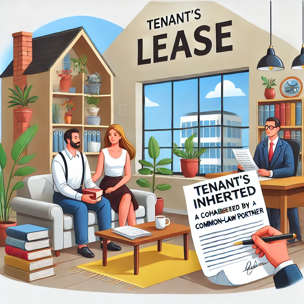 차인의 임대차 권리가 동거 중인 사실혼 배우자에게 상속되는 장면을 묘사한 그림으로, 아파트 내부, 법적 문서, 변호사가 조언하는 모습이 포함되어 있습니다