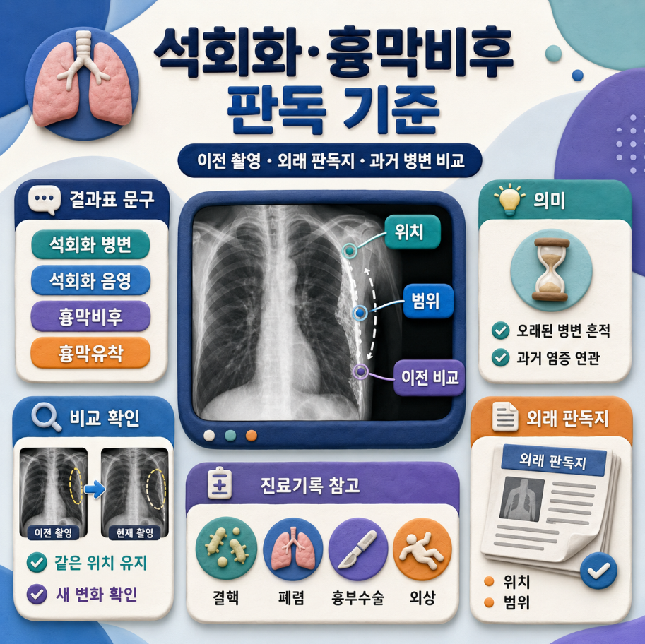 흉부 X-ray 석회화와 흉막비후 판독 시 이전 촬영 비교, 외래 판독지, 과거 병변 이력을 확인하는 인포그래픽