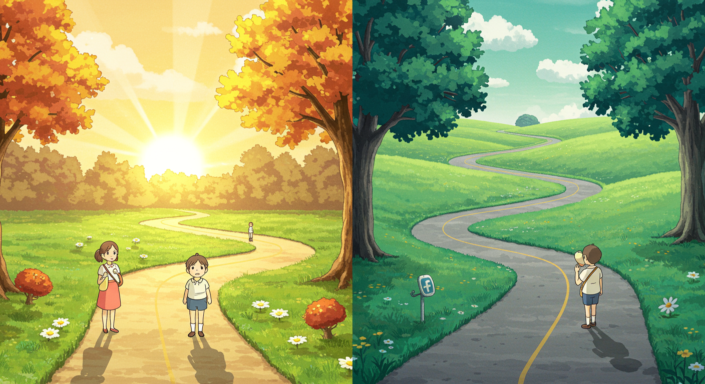 갱신형과 비갱신형 암보험의 선택을 상징하는 두 갈래 길