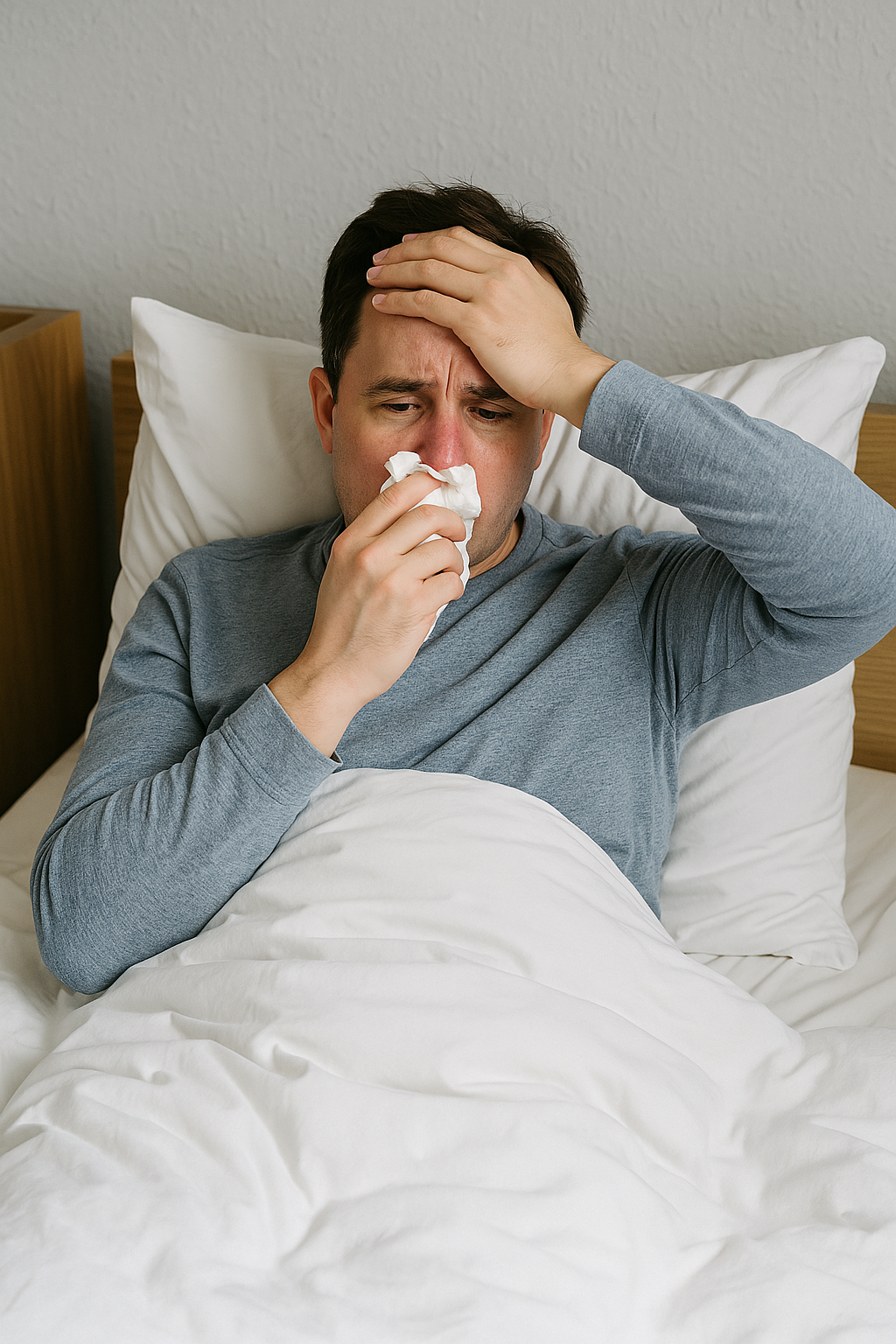 감기에 걸려 침대에 누워 있는 사람