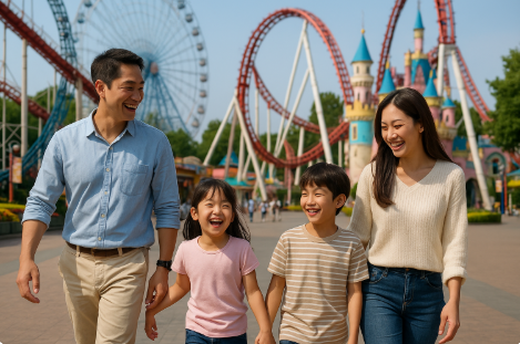 놀이공원에서 아이와 부모들이 즐겁게 웃는 모습