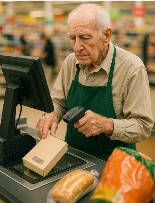 80대 노인이 마트계산대에서 일한는 사진