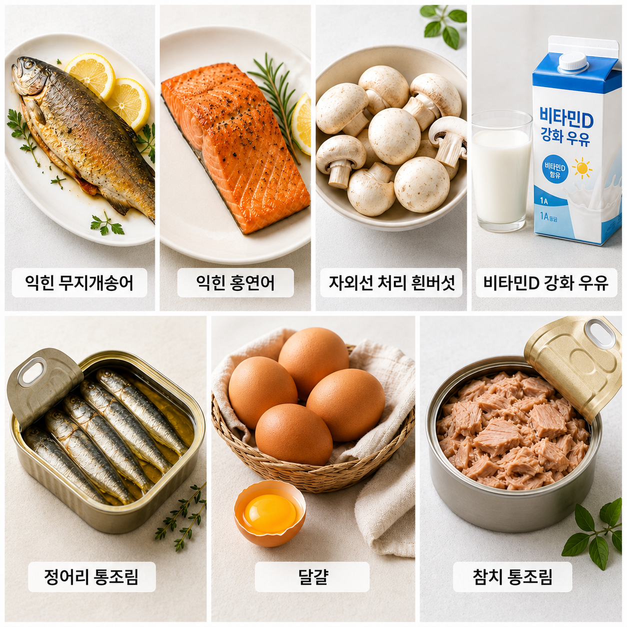 비타민D가 풍부한 생선 버섯 우유 달걀 통조림 식품 모음 이미지