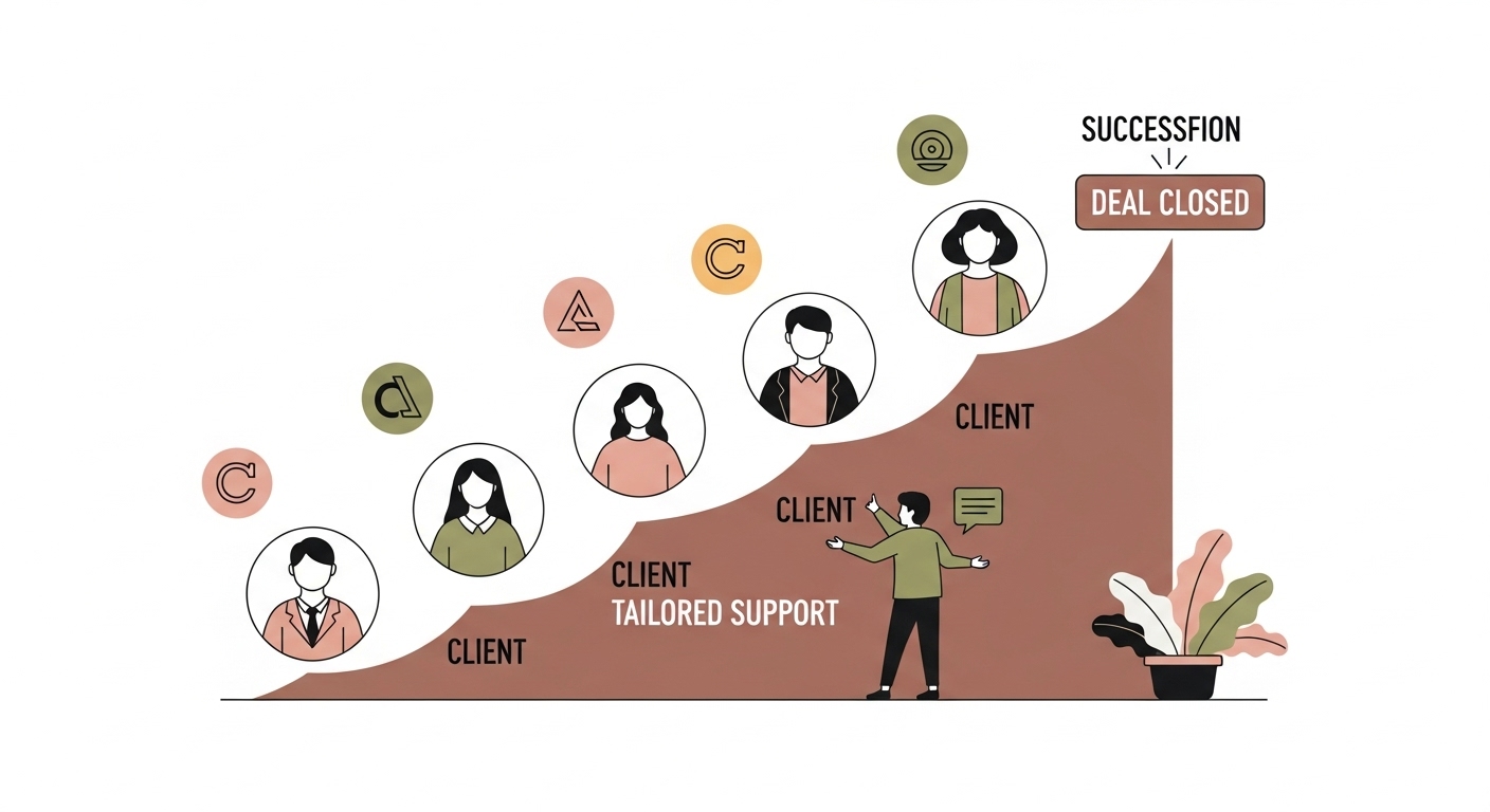 ABM을 통해 고객사와 강력한 관계를 구축하고 성공적인 비즈니스 성장을 달성하는 B2B 기업의 실제 사례를 연상시키는 일러스트