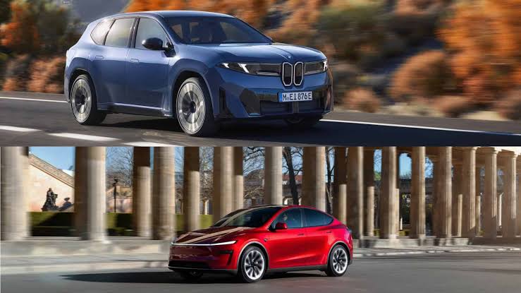 Side-by-side visual comparison between Tesla Model Y Juniper in red and BMW iX3 in blue on a test track.