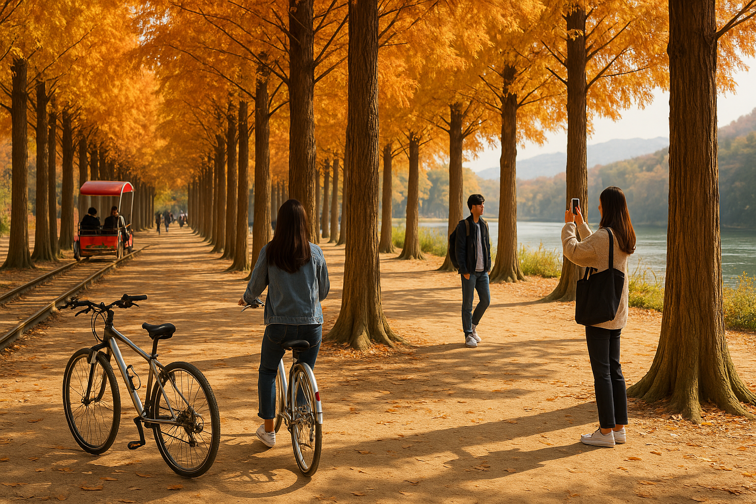 가을철 남이섬 메타세쿼이아길과 강촌 레일바이크 체험을 한눈에 담아낸 실사 이미지