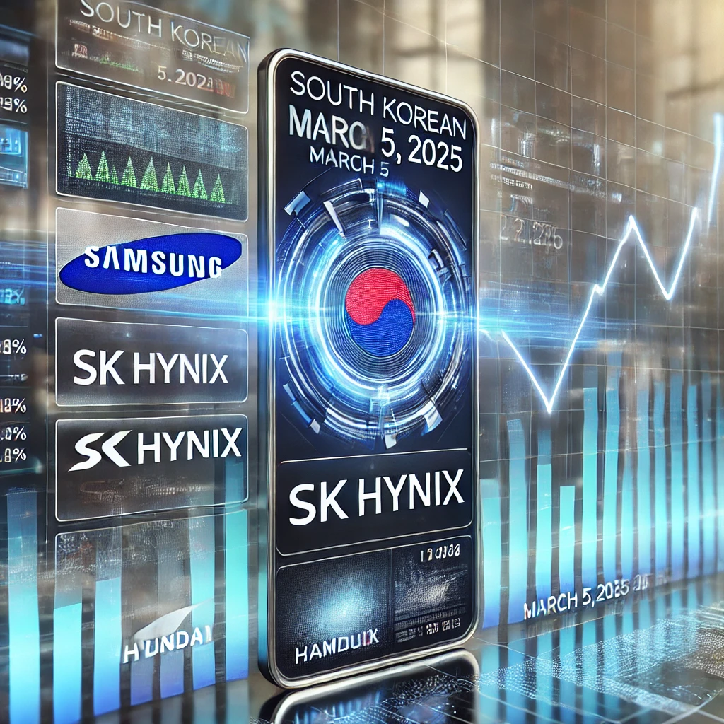 "2025년 3월 5일 한국 주식시장 현황을 나타내는 썸네일 - 삼성전자, SK하이닉스, 현대차 등의 주가 상승 그래프와 디지털 주식 티커가 포함된 현대적인 금융 이미지"