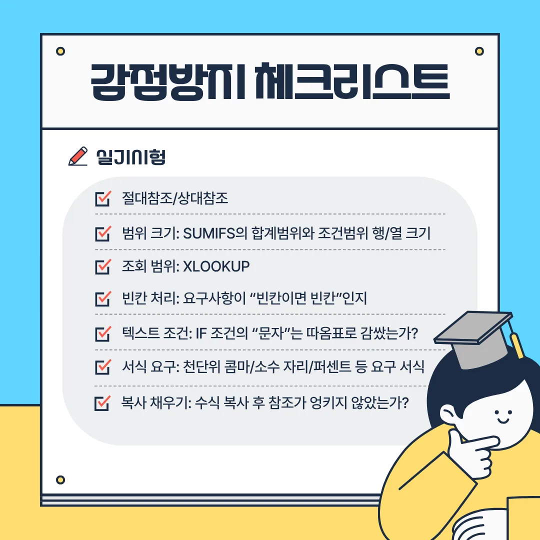 컴활 1급 실기 감점방지 체크리스트 절대참조 범위 SUMIFS XLOOKUP 빈칸처리 서식 점검