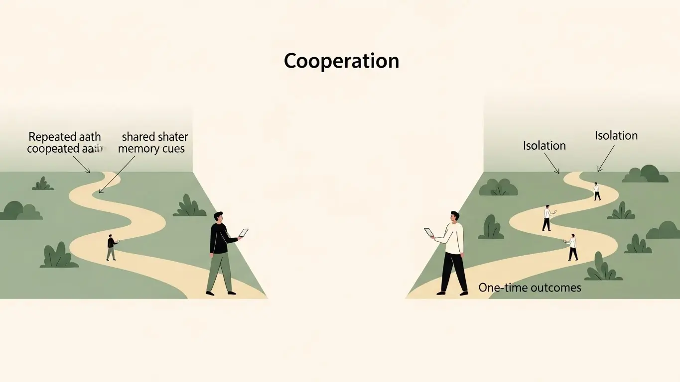 An illustration showing conditions that cause cooperation to collapse or persist