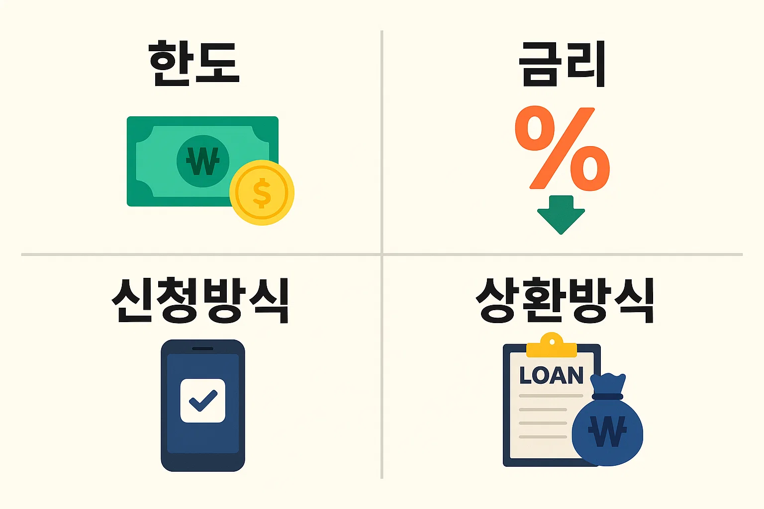비상금대출의 핵심 요소인 한도, 금리, 신청방식, 상환방식을 아이콘과 함께 구성한 인포그래픽으로, 무직자 비상금대출 이용자가 쉽게 이해할 수 있도록 정리된 요약 이미지.