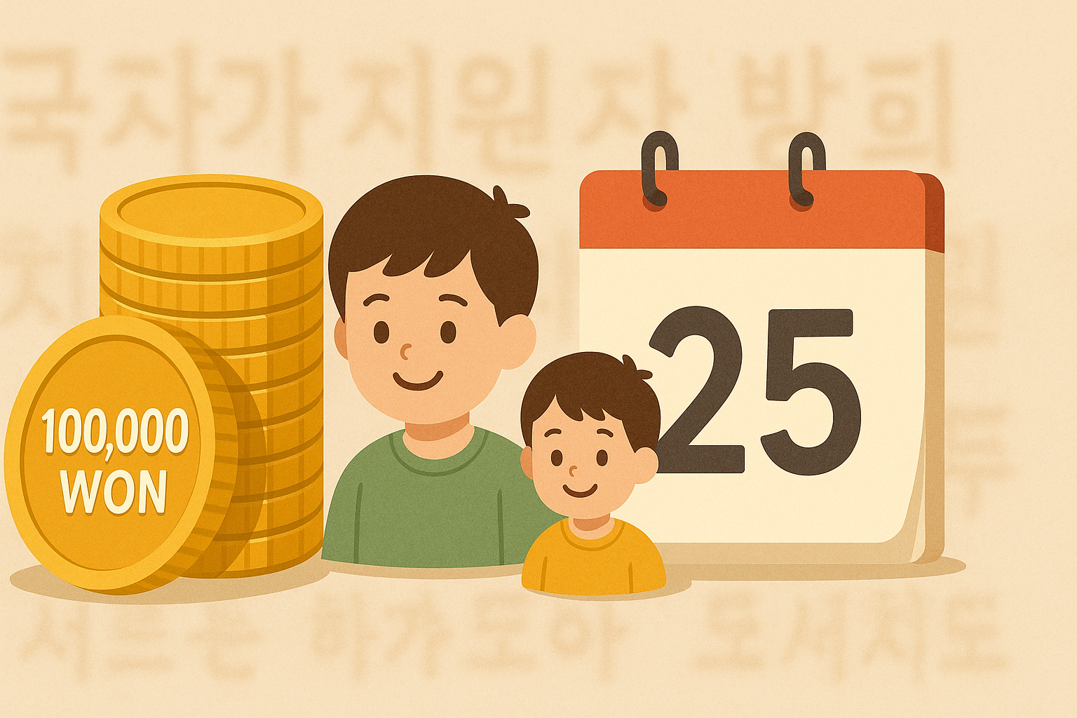 ‘100,000 won’이라고 영어로 표기된 동전 더미 옆에 어린 한국 아동 아이콘