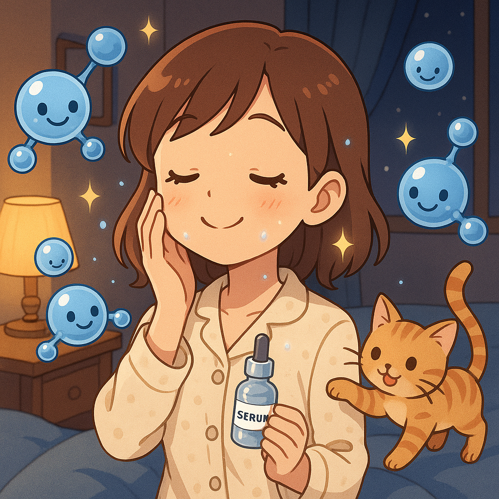 수면잠옷을 입은 여성이 침실에서 히알루론산 세럼을 바르며, 귀여운 물방울 캐릭터와 고양이가 함께 있는 아기자기한 일러스트