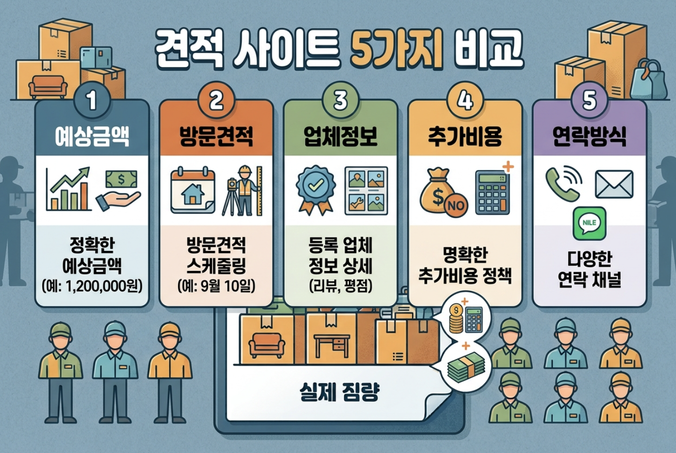 이사 견적 사이트의 견적 방식 방문견적 업체정보 추가비용을 비교하는 이미지