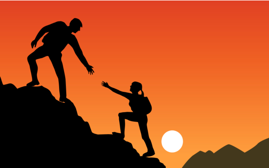 한쌍의 사람들이 험난한 길을 오르고 있다.