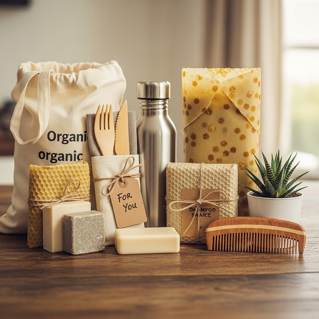 천연 비누, 밀랍 랩, 스테인리스 물병, 나무빗과 식물이 포함된 지속 가능한 선물 세트