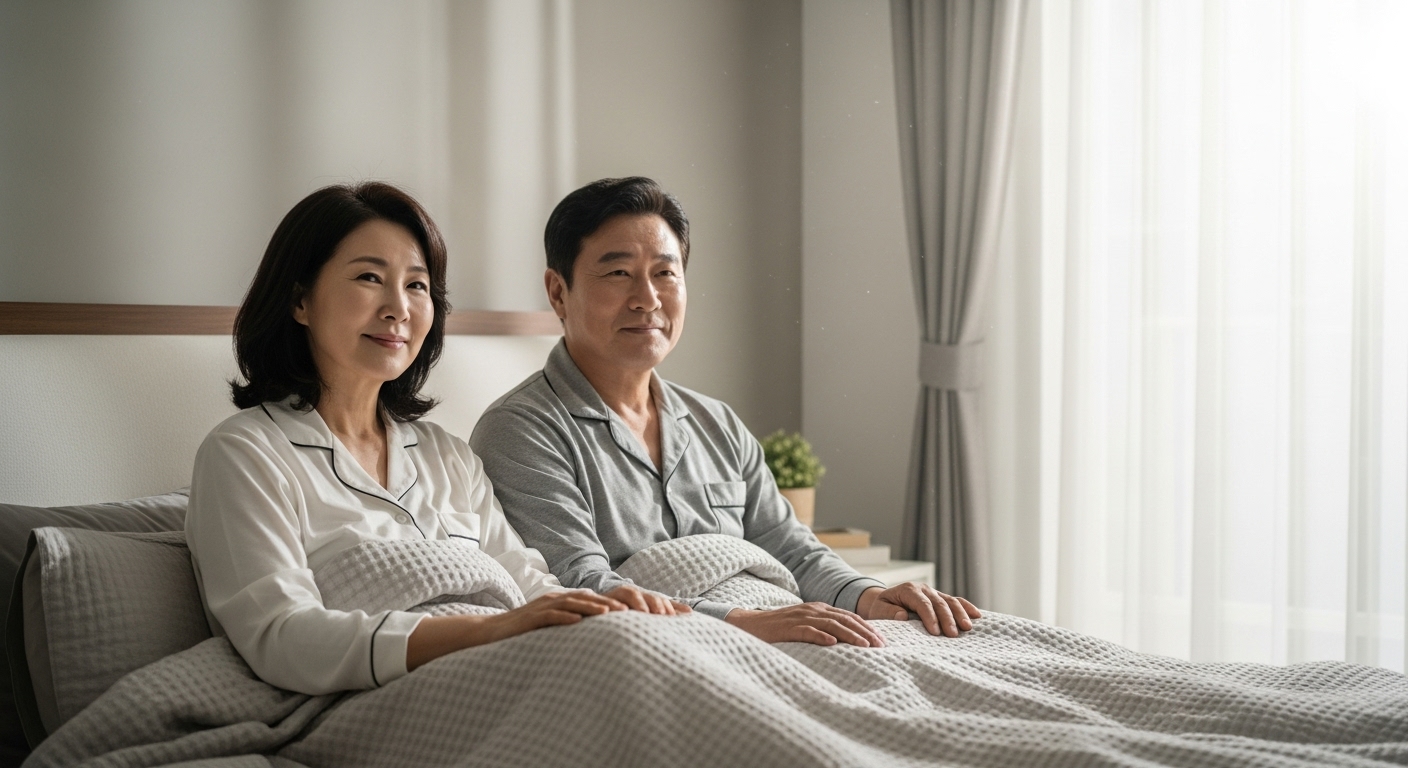 중년부부아침에 푹자고 개운한모습