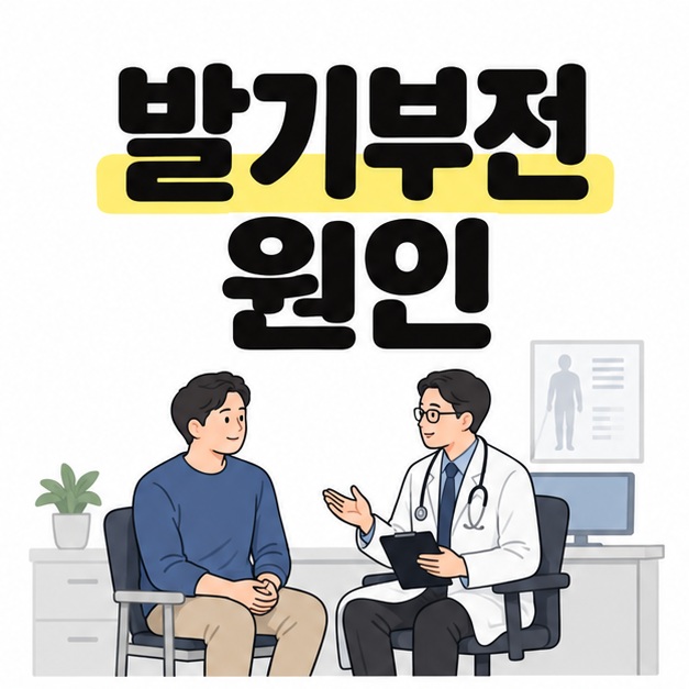 발기부전 원인 제목 아래 성인 남성이 진료실에서 의료진과 차분히 상담하는 그림