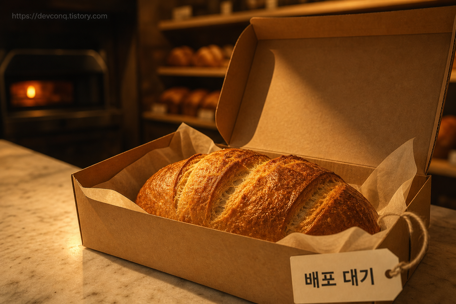 완성된 빵이 상자에 담겨 출고를 기다리는 모습으로 dist 폴더가 배포를 기다리는 상태를 표현한 장면