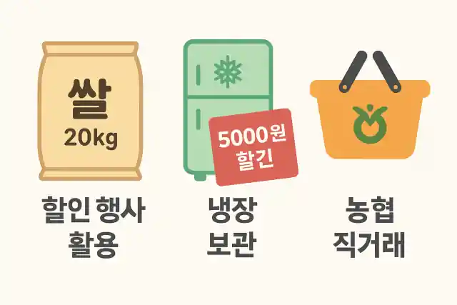 쌀 20kg 절약 구매와 보관 방법을 요약한 인포그래픽