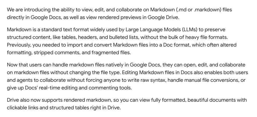 구글 Workspace Updates 공지 원문: 마크다운 파일을 Google Docs에서 보고 편집하고 협업하며 Drive에서 렌더링된 미리보기를 볼 수 있다는 설명과 이전에는 변환이 필요했다는 단락