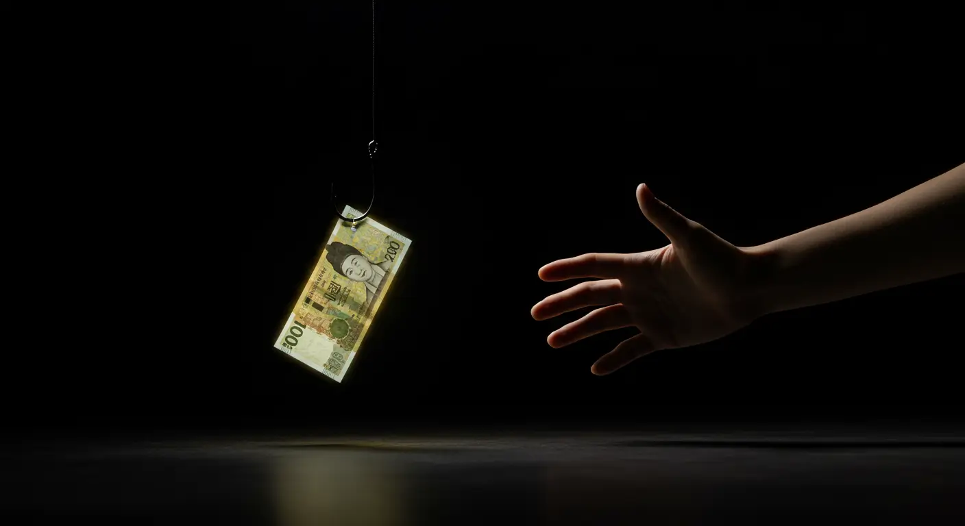 낚싯바늘에 걸린 돈을 잡으려는, 집주인 모르게 보증금대출 사기의 위험성을 상징하는 이미지