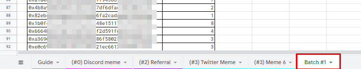 엑셀하고 비슷한 프리세일 티켓 당첨자 조회화면, 아래쪽에 Batch 1 탭에서 확인 하는중