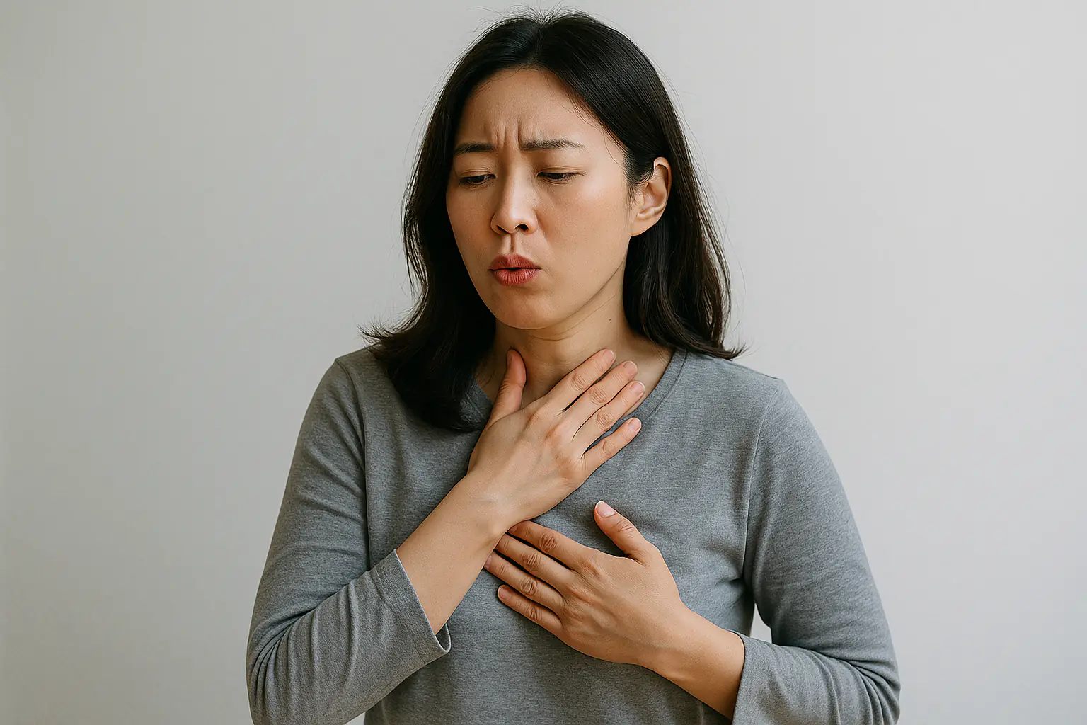 가슴쓰림과 신물 올라옴을 느끼는 여성