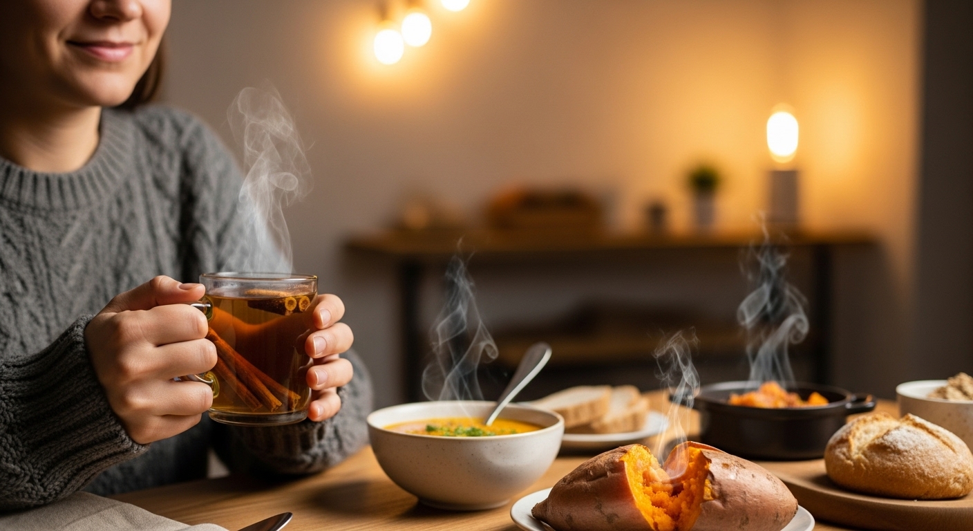 따뜻한 허브차를 마시며 겨울철 몸속 온도를 높이는 건강한 생활 습관.