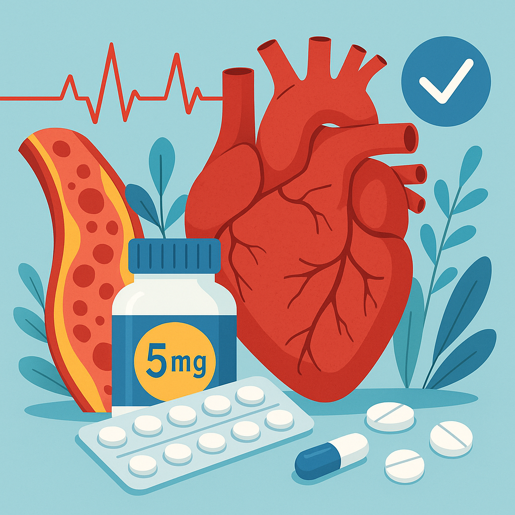 고지혈증과 리피로우정 5mg을 표현한 일러스트. 심장과 혈관, 심박수 등이 함께 그려져 있다.