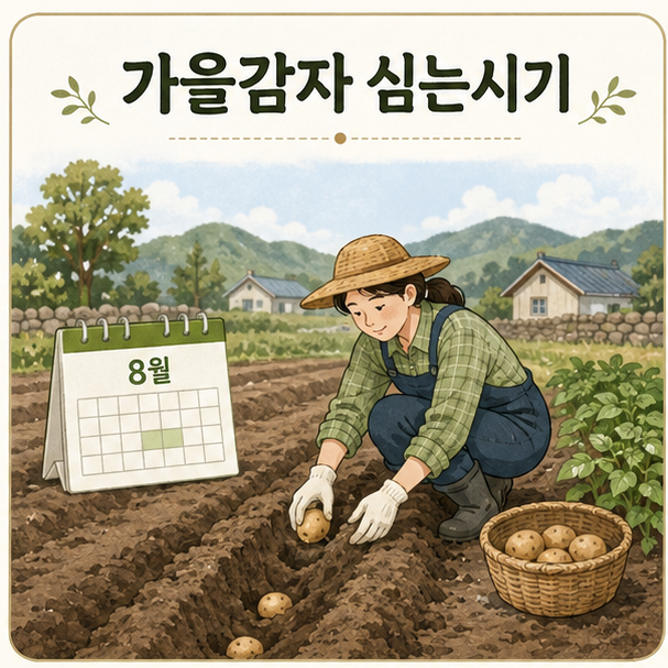 8월 달력과 텃밭에 감자를 심는 장면으로 표현한 가을감자 파종 시기 이미지