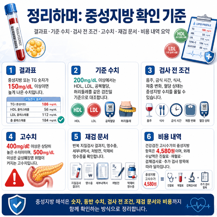 중성지방 확인 기준을 결과표, 기준 수치, 검사 전 조건, 고수치, 재검 문서, 비용 내역으로 요약한 메디컬 인포그래픽