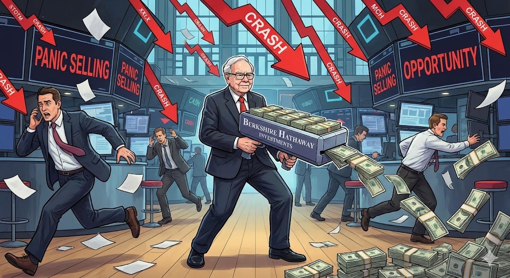 폭락장에서 다들 도망갈 때, 거대한 현금 대포(무기)를 들고 사냥에 나서는 워런 버핏의 모습