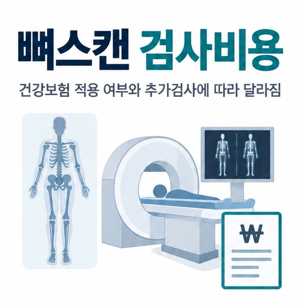 전신 뼈 영상과 핵의학 감마카메라 비용표를 배경으로 뼈스캔 검사비용이라는 글자가 중앙에 놓인 의료정보 인포그래픽
