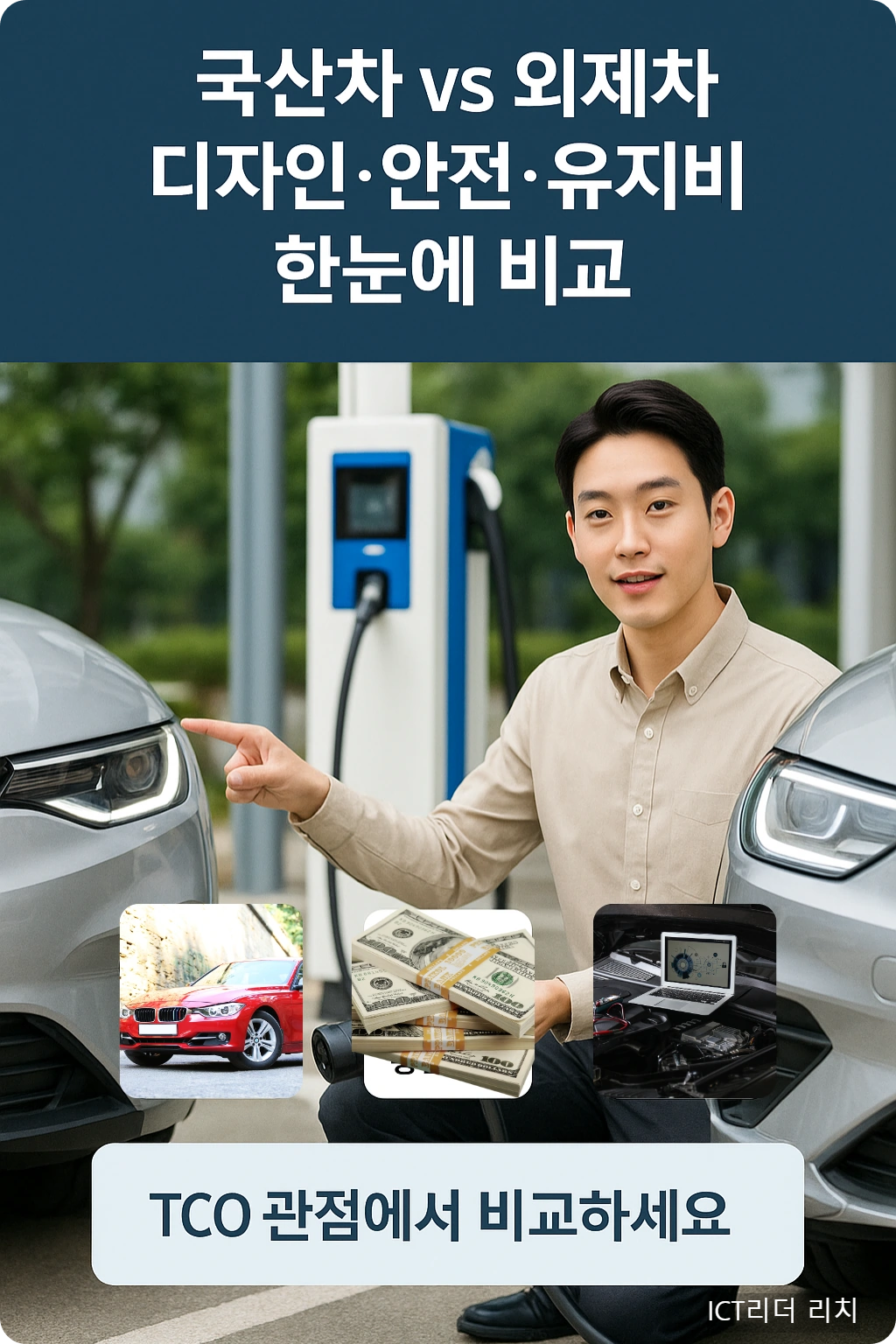 전기차 충전소에서 국산&middot;수입 전기차의 충전 비용과 OTA 기능을 비교하는 남성 모델
