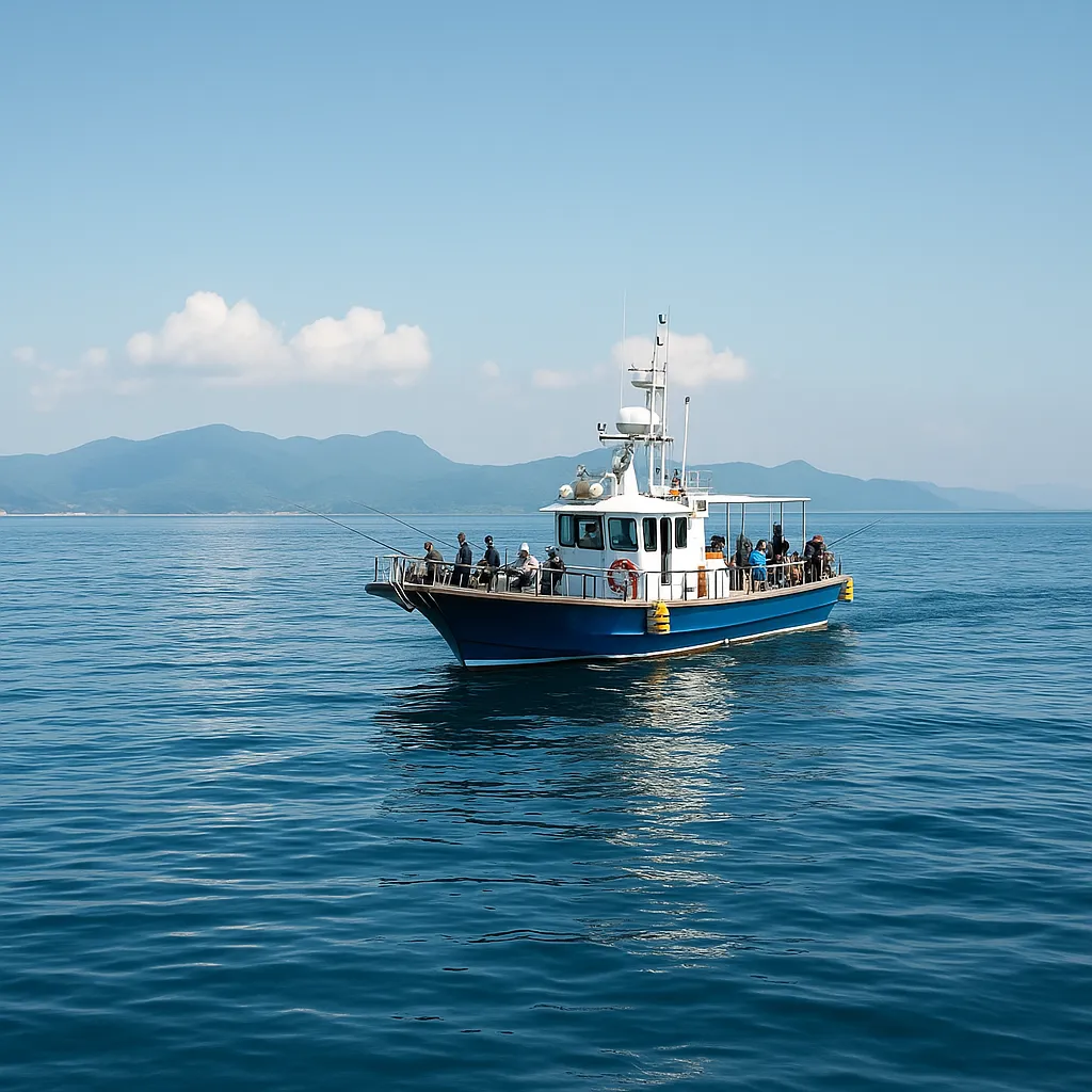 여수 앞바다에서 선상낚시 중인 낚싯배와 푸른 바다 풍경