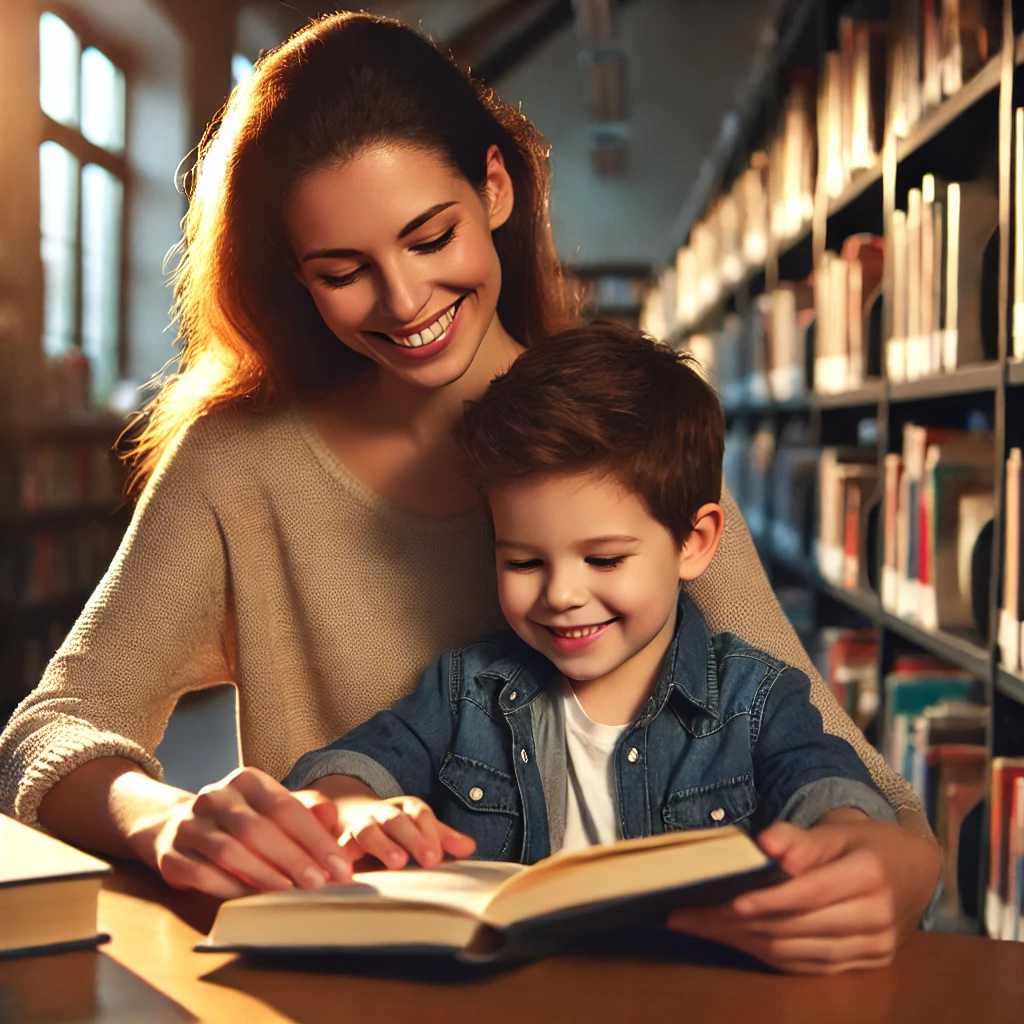 엄마가 자녀의 책읽기를 도와주는 모습
