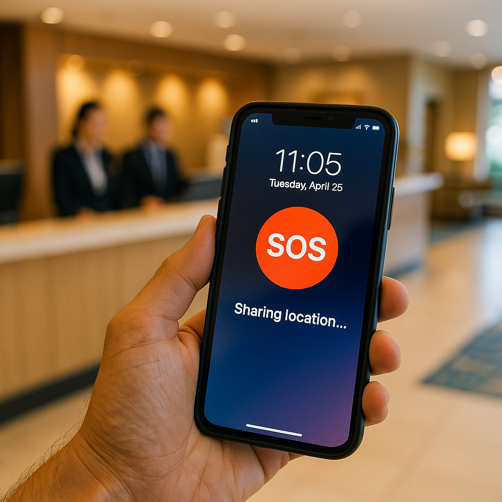 호텔 로비에서 스마트폰 긴급 SOS 화면으로 위치 공유 중인 손