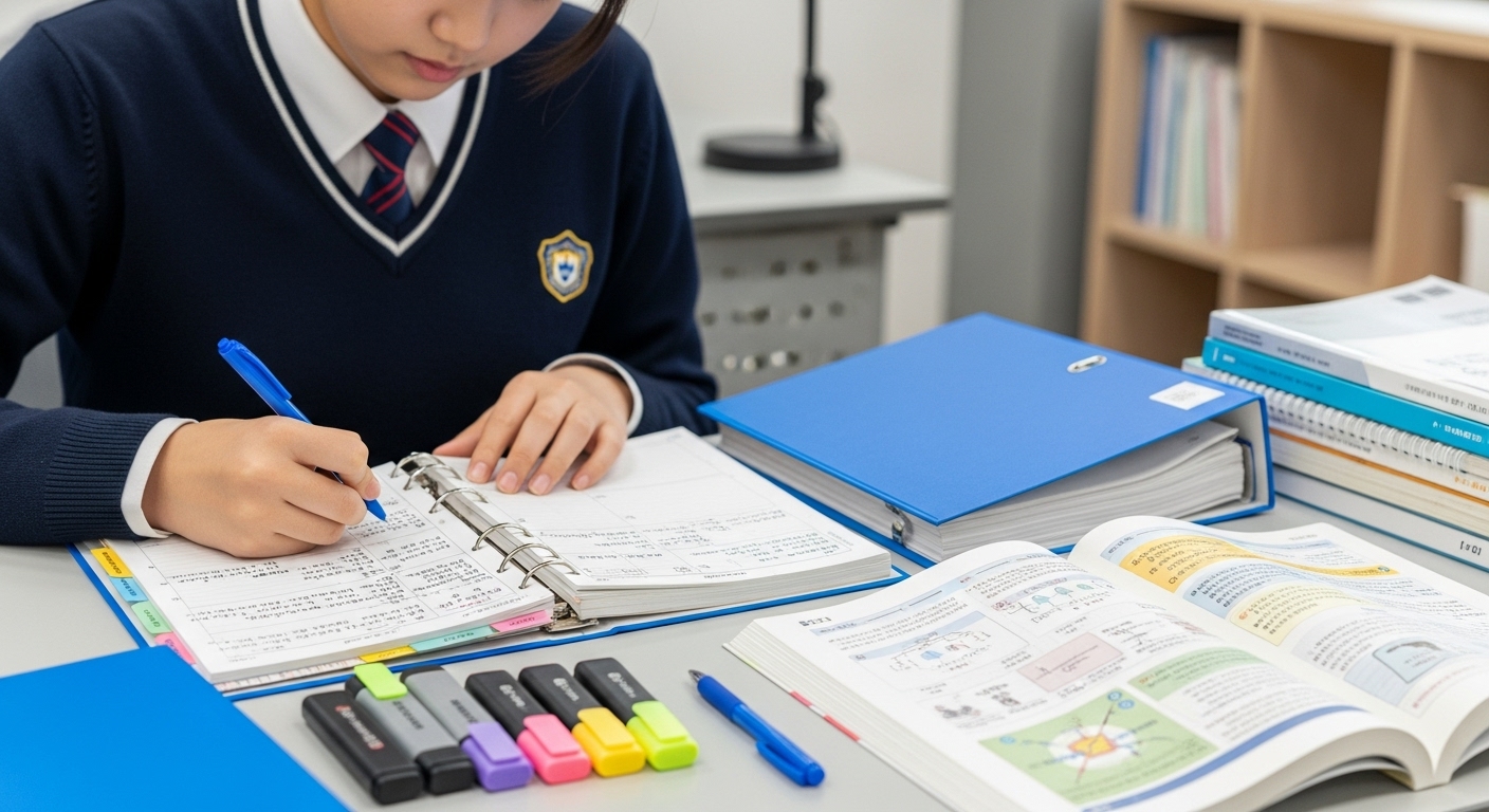 내신 성적과 학생부를 꼼꼼하게 정리하며 수시를 준비하는 고등학생의 모습