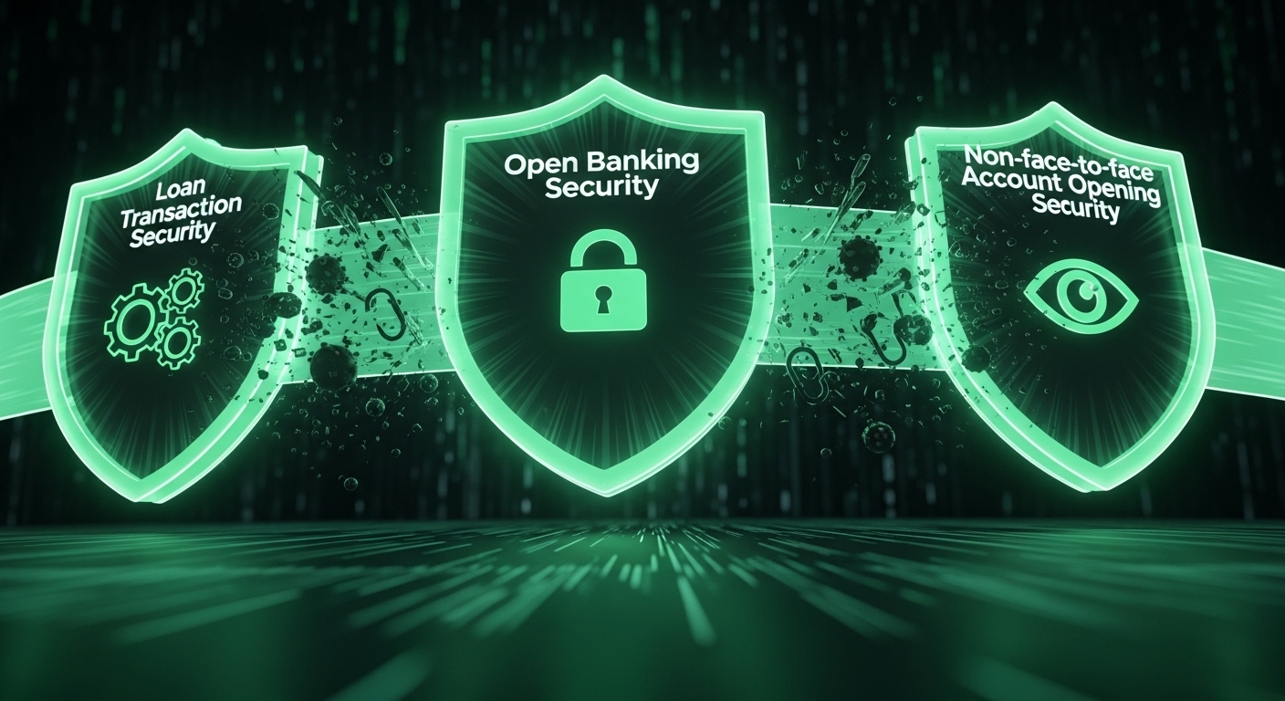 오픈뱅킹, 여신거래, 비대면 계좌개설 안심차단 서비스를 상징하는 세 개의 연결된 녹색 방패가 금융 사기 위협을 막아내는 모습으로, 종합적인 금융 보호 시스템을 나타냅니다.