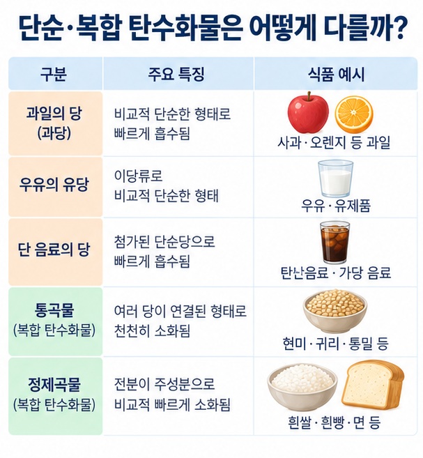 과일 우유 단 음료 통곡물 정제 곡물을 통해 단순 탄수화물과 복합 탄수화물의 차이를 설명한 인포그래픽
