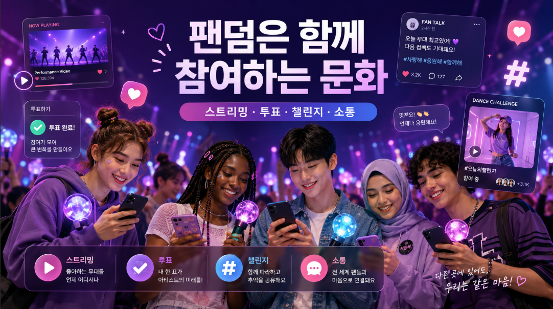 위버스 버블 숏폼 챌린지와 팬덤 참여 문화를 보여주는 K-팝 팬 이미지