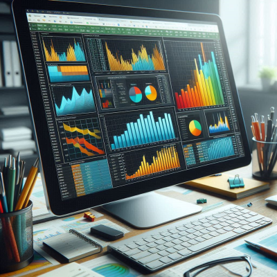 다양한 그래프를 보여주는 모니터 화면에서 데이터 분석 중인 모습.