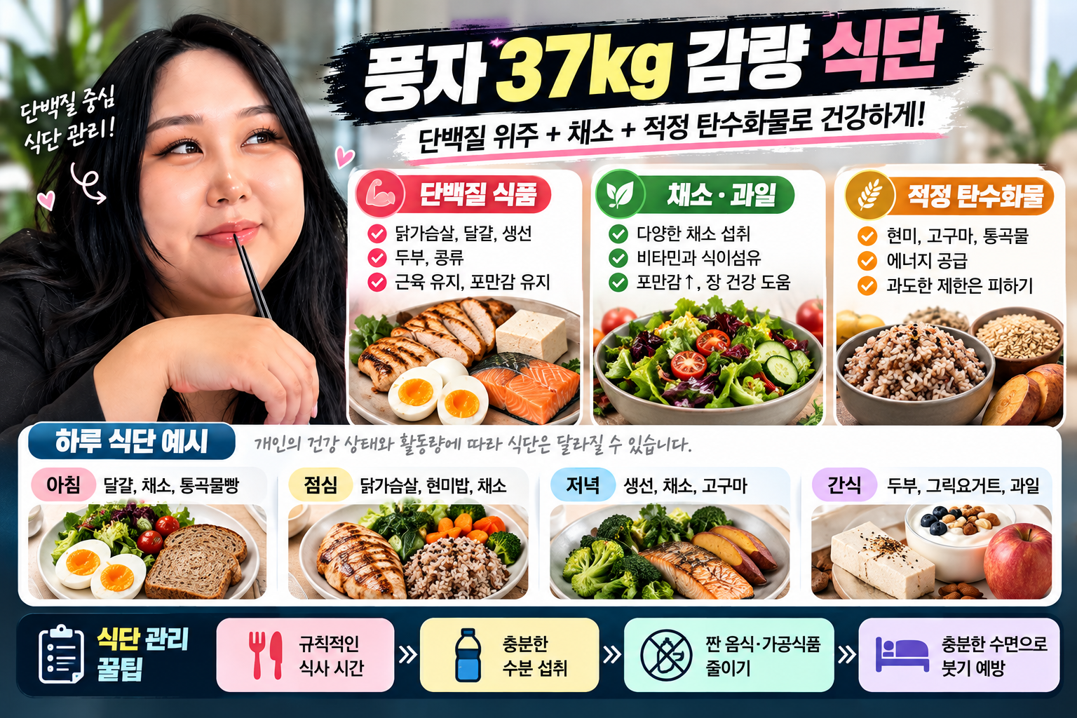 풍자 37kg 감량 관련 건강한 다이어트 식단 예시와 단백질 식품, 채소, 현미밥 등 균형 잡힌 식사 구성