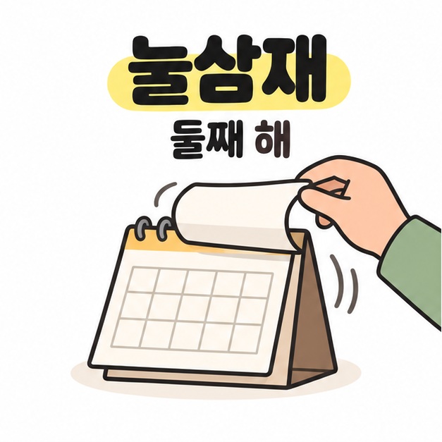 눌삼재가 둘째 해라는 문구와 가운데 기간을 살펴보는 달력 일러스트