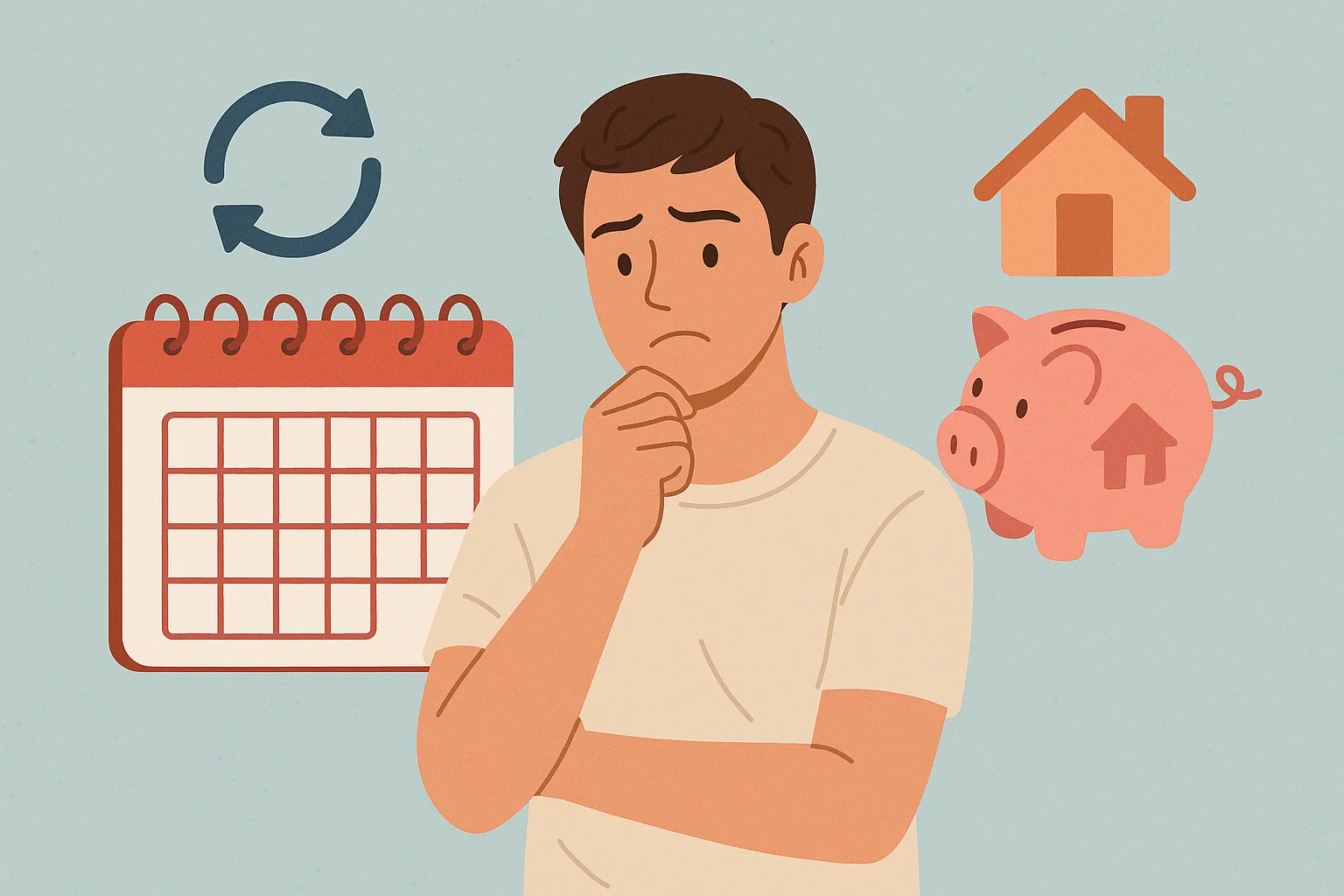 서류와 저금통을 들여다보며 고민하는 남성의 일러스트, 주택청약저축의 단기 활용 여부에 대한 고민 표현