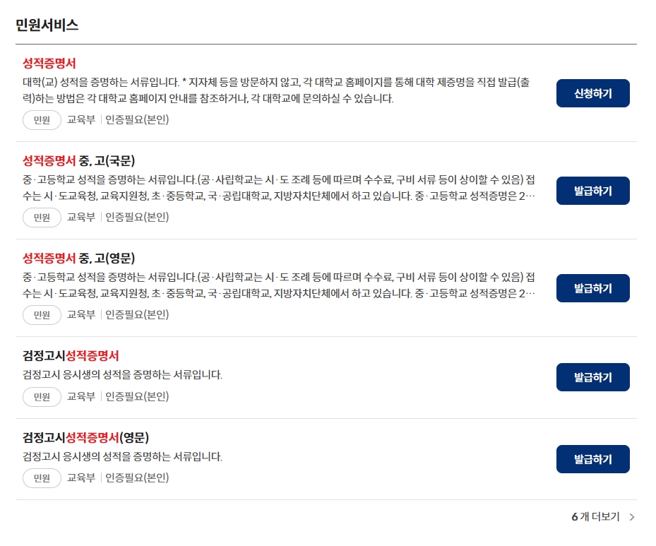 성적증명서 발급 신청 안내 페이지와 수수료 정보