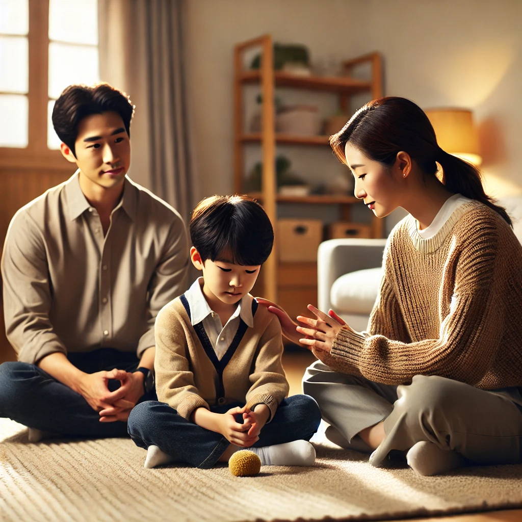 거실에서 아들에게 사과의 중요성을 가르치는 모습, 실수를 인정하며 사과를 고민하는 아들과 이를 부드럽게 격려하는 어머니, 따뜻한 미소로 지지하는 아버지, 부드러운 조명과 아늑한 분위기가 어우러진 장면.