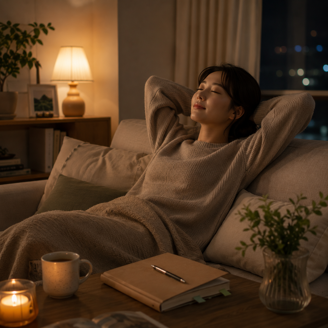 테이블 위 다이어리를 덮어두고 소파에 편안히 기대어 있는 모습, 컵, 양초, 스텐트, 쇼파