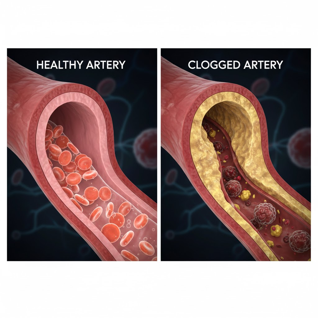 깨끗한 혈관과 노폐물이 쌓인 혈관의 비교 그래픽 이미지 또는 맑은 물이 흐르는 강물 사진